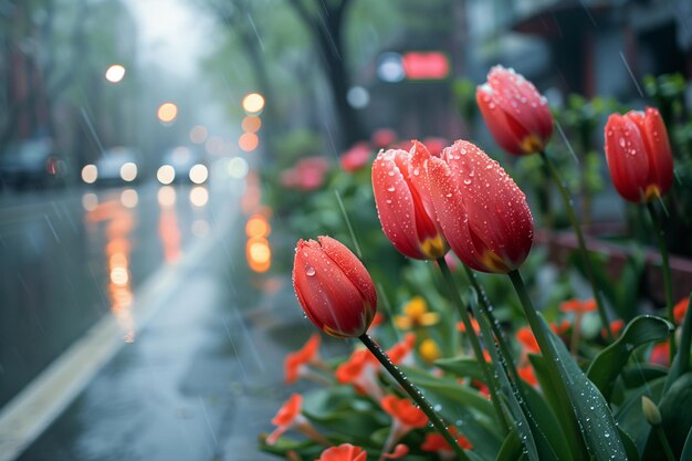 Des tulipes rouges de printemps sous la pluie le long de la route de la ville