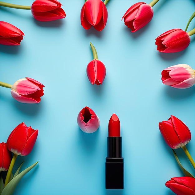 tulipes rouges et rouge à lèvres sur fond bleubeau rouge à lèvres et tulipes sur fond rose plat