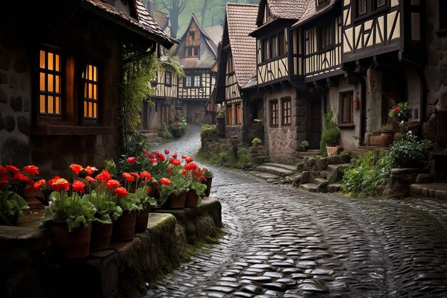 Des tulipes avec un sentier pavé dans un jardin