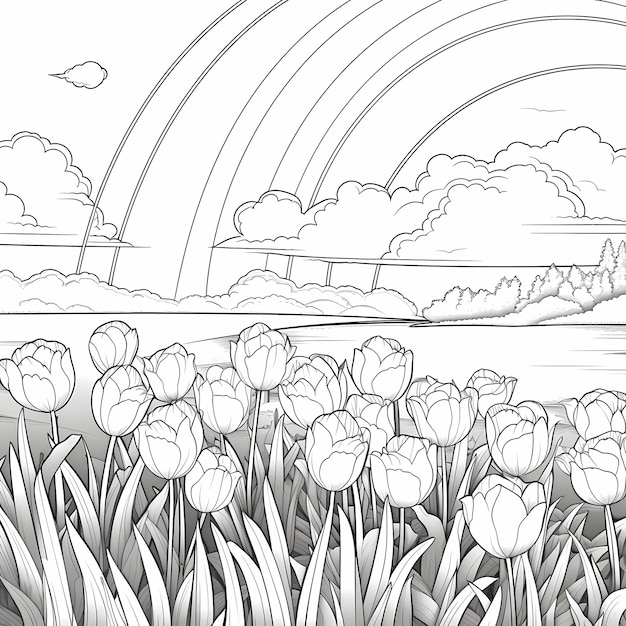 tulipes sous le ciel arc-en-ciel dans la nature en noir et blanc pour les enfants page de coloriage