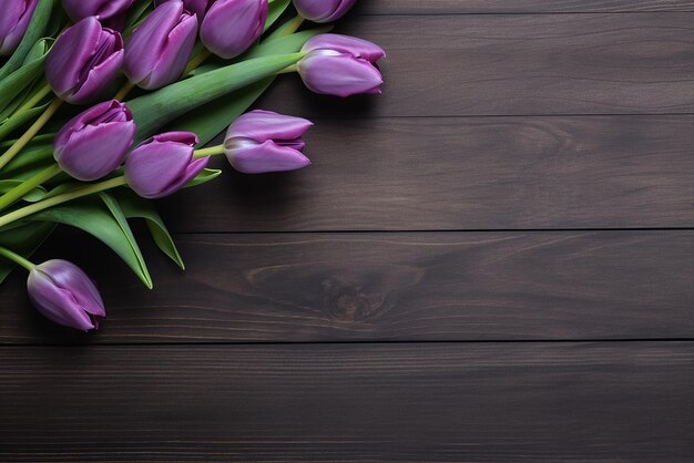 Tulipes violettes captivantes sur une table en bois Créé avec des outils d'IA génératifs