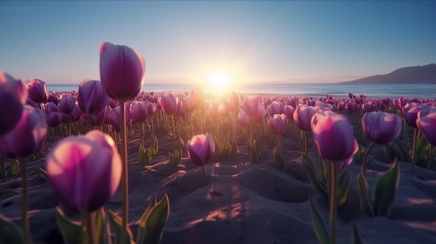 des tulipes violettes dans un champ avec le coucher du soleil en arrière-plan