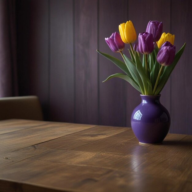 des tulipes violettes dans un vase sur une table avec des tulips violettes