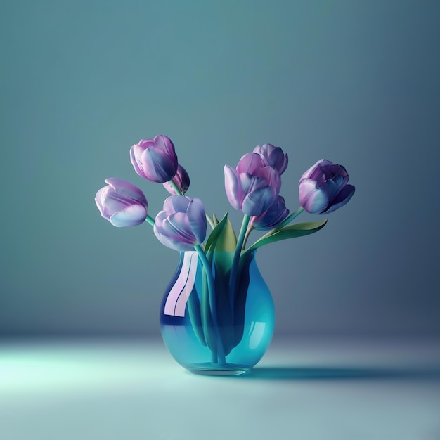 Tulipes violettes délicates dans un vase sur fond monochrome bleu AI générative