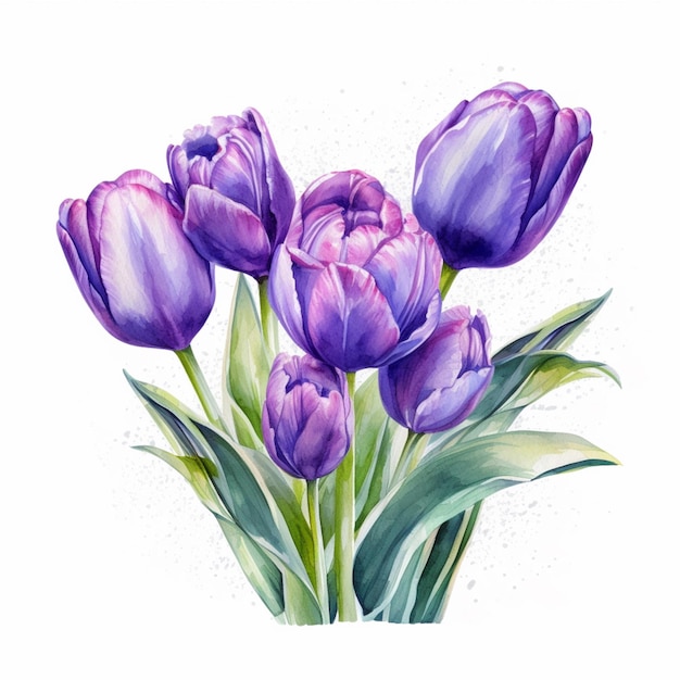 Les tulipes violettes sont dans un vase avec des feuilles vertes génératives ai