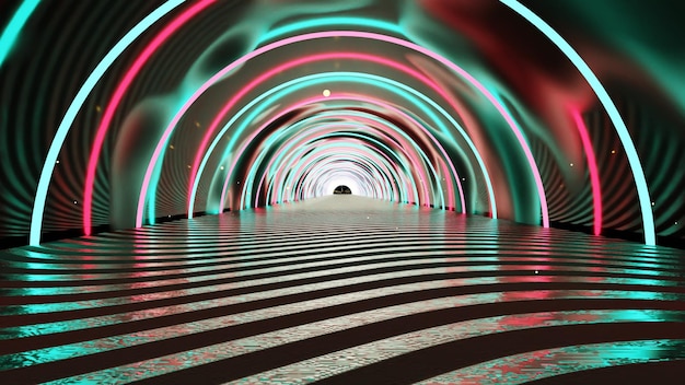 Tunnel abstrait futuriste Glow 3D avec néons avec motif de sol