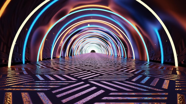 Photo tunnel abstrait futuriste glow 3d avec néons avec motif de sol