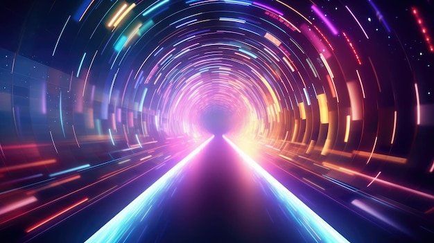 Tunnel abstrait avec des rayures colorées en mouvement Des lignes colorées au néon brillantes dans le cyberspace Créées avec l'IA générative