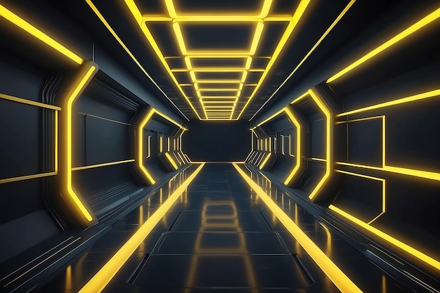 Le tunnel au néon, le long couloir moderne, les lumières jaunes, le laser futuriste, le rendu 3D.