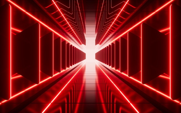 Tunnel au néon rouge et fond lumineux abstract et concept technologique rendu 3D