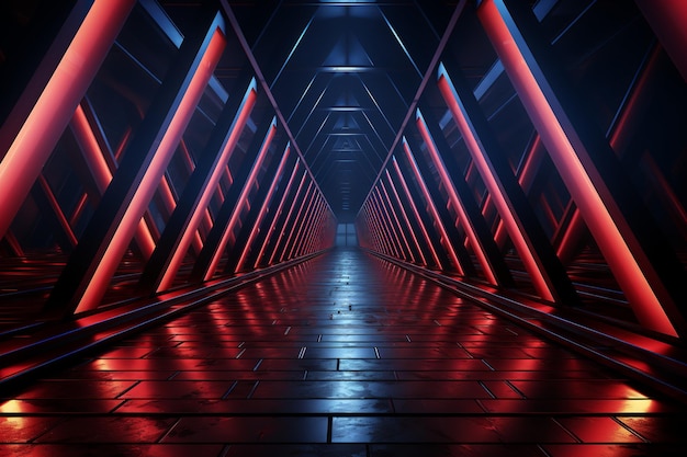 Tunnel au néon sombre avec des lumières bleues et rouges dans le style Generative Ai