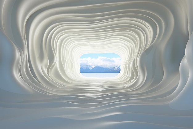 Tunnel blanc avec fenêtre et vue sur les montagnes