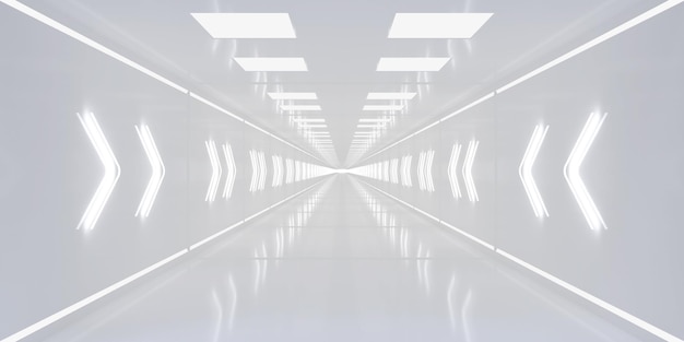 Un tunnel blanc avec des pointeurs de flèche néon lumineux signe sur les murs. illustration 3D.