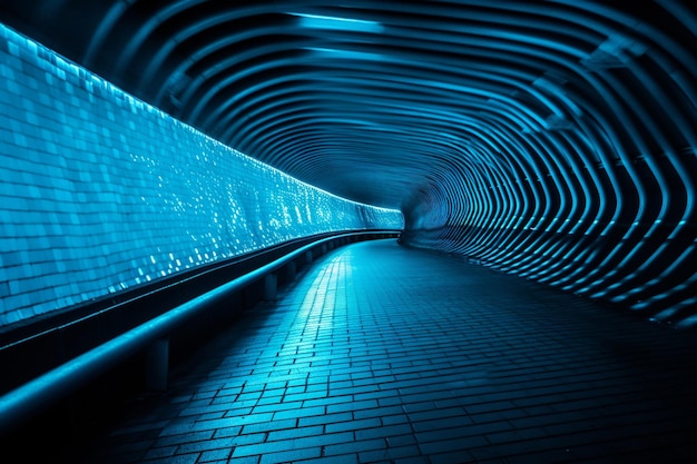 Un tunnel bleu avec des lumières au plafond