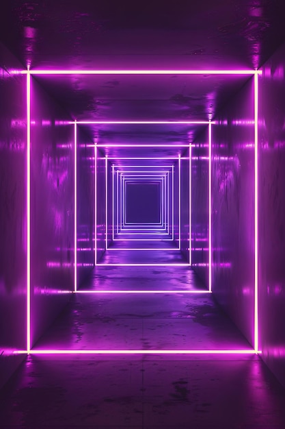 Tunnel carré violet néon avec des effets de lumière brillants créant une illusion infinie de profondeur