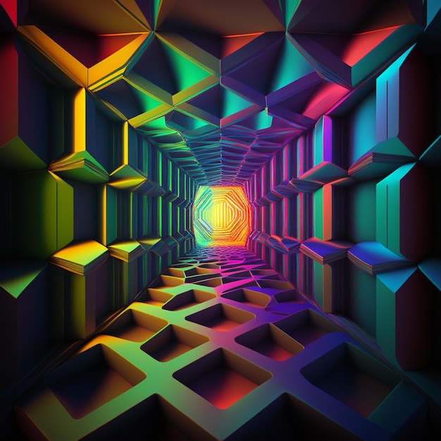Un tunnel coloré avec des cubes et une boîte bleue sur la gauche.