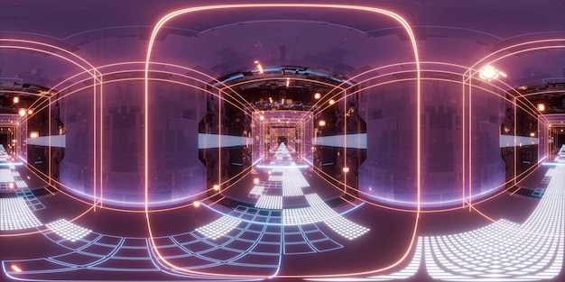 Tunnel de concept scifi du cyberespace numérique rendu 3d vue panoramique transparente à 360 degrés