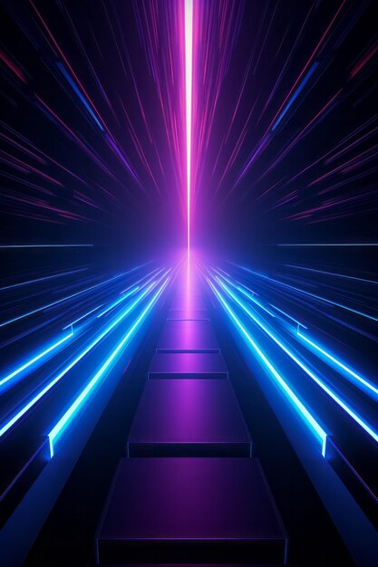 Tunnel ou couloir de lumière néon à vitesse de mouvement Fond de perspective futuriste du cyberespace laser