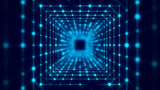 Tunnel cybernétique carré composé de points lumineux en mouvement Fond d'espace infini futuriste Concept de transfert de données dans le cyberspace Illustration Hitech rendu 3D