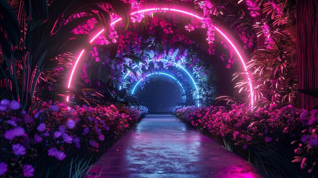 Tunnel décoratif floral avec éclairage au néon