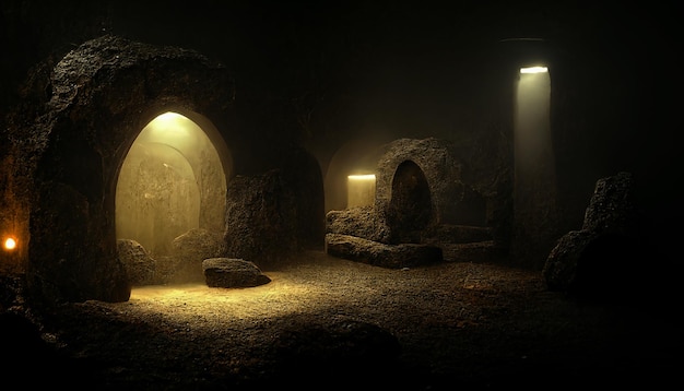 Tunnel de donjon de château médiéval sombre Couloir souterrain sombre dans un donjon avec lumière