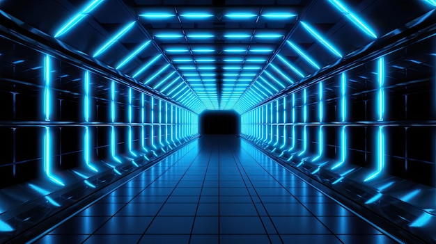 Photo tunnel éclairé au néon bleu technologie futuriste fond d'écran bannière ia générative