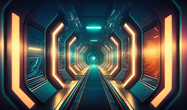 Un tunnel élégant et high-tech avec des écrans holographiques et des gadgets avancés