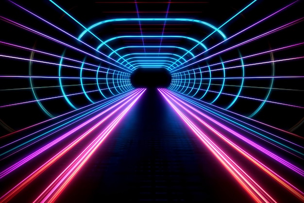 Photo tunnel fantastique abstrait avec des lignes de néon multicolores brillantes ai générative