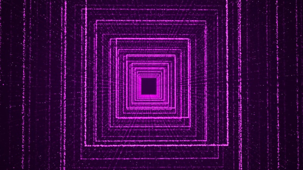 Tunnel filaire dynamique abstrait sur fond violet Portail 3D futuriste Flux de particules futuriste Rendu 3d