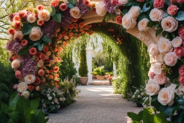 Photo un tunnel de fleurs avec une arche blanche qui dit fleurs