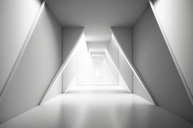 Tunnel futuriste blanc menant à la lumière Généré par IA grand angle