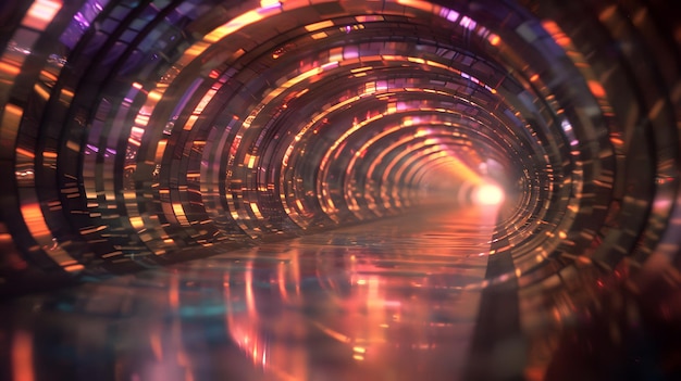 Tunnel futuriste éclairé avec des motifs holographiques