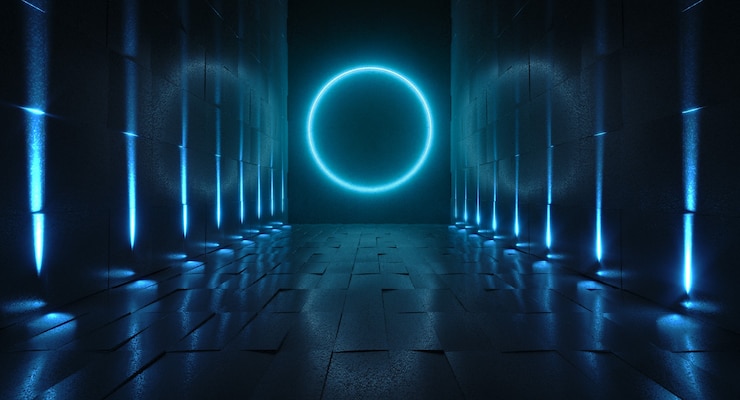 Photo tunnel futuriste avec lumière, vue intérieure. contexte futuriste
