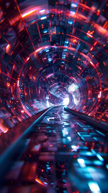 Tunnel holographique 3D futuriste en bleu et violet