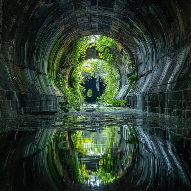 Photo un tunnel inondé et abandonné couvert de feuillage