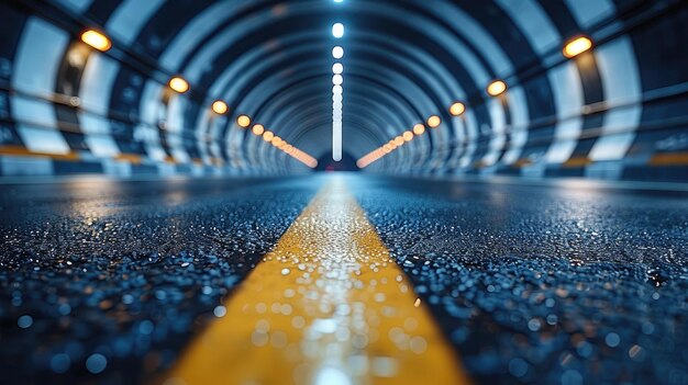 un tunnel avec une ligne jaune sur la route