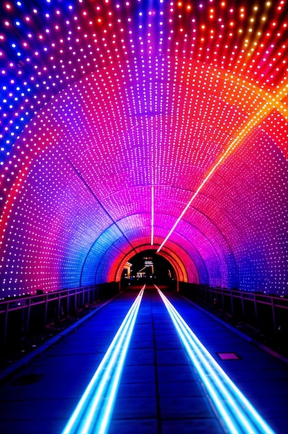 Photo un tunnel avec une lumière au néon en forme de cœur à l'extrémité entouré d'un cadre au néon circulaire ai génératif