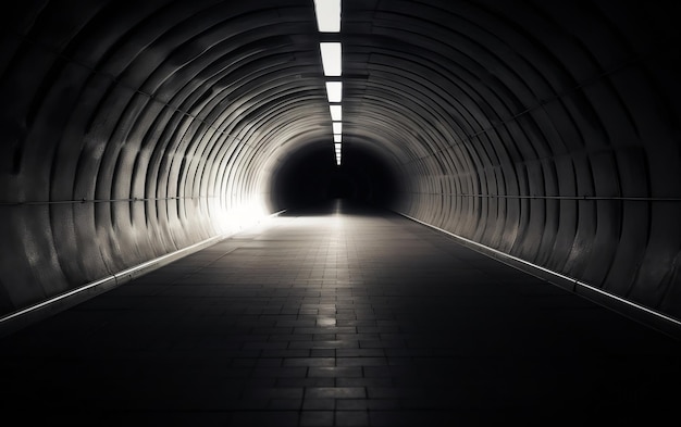 Un tunnel avec une lumière au plafond et un panneau qui dit "le mot lumière" dessus