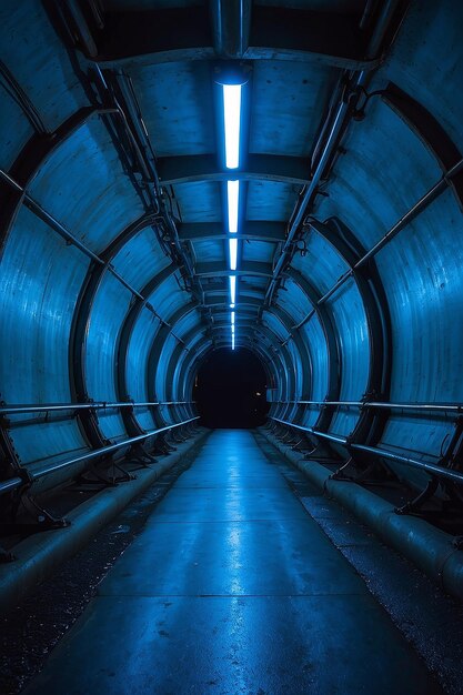 Un tunnel avec une lumière bleue et une lumière bleu