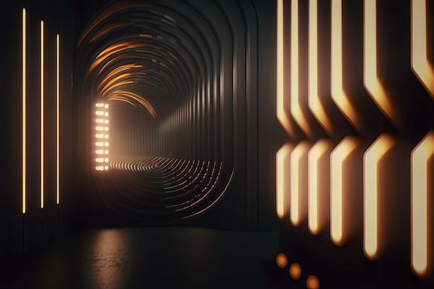 Un tunnel avec des lumières oranges et une lumière au plafond