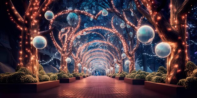 Tunnel lumineux dans les rues de la ville avec décorations et guirlandes