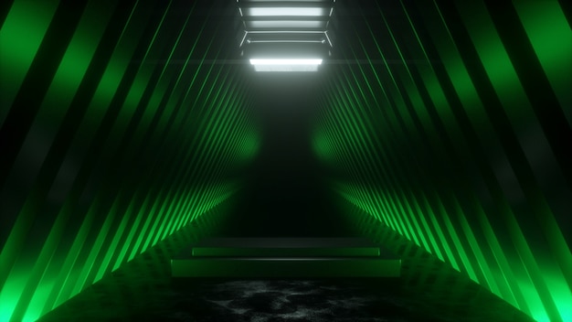 Tunnel en métal vert avec reflets et podium au centre rendu 3D