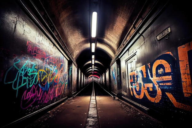 Tunnel de métro avec graffitis et tags sur les murs créés avec générative ai