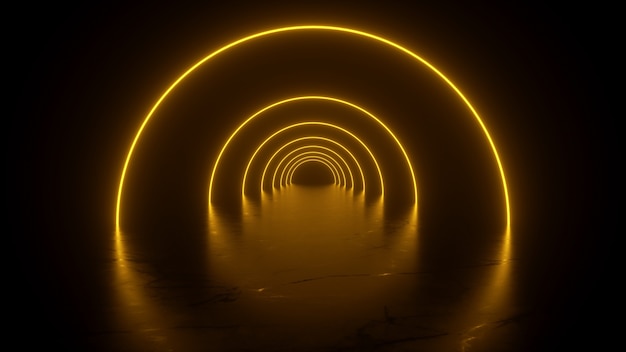 Tunnel de néon aux reflets jaunes sur le sol rendu 3d