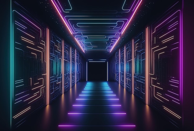 Un tunnel de néon fantastique le couloir d'un vaisseau spatial Immersion dans l'intelligence artificielle de réalité virtuelle Fond abstrait sombre avec un rendu 3D de lueur multicolore généré par l'IA