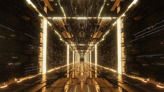 Tunnel de néon futuriste numérique or rendu 3D
