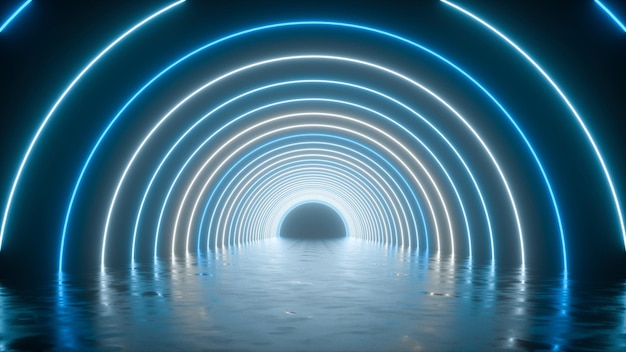 Tunnel de néon futuriste avec des reflets de champ dans un rendu 3D de style rétro