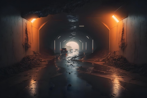 Tunnel postapocalyptique après la pluie avec de la poussière radioactive orange Réseau de neurones généré par l'IA