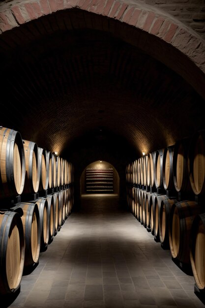 Un tunnel rempli de beaucoup de barils de vin