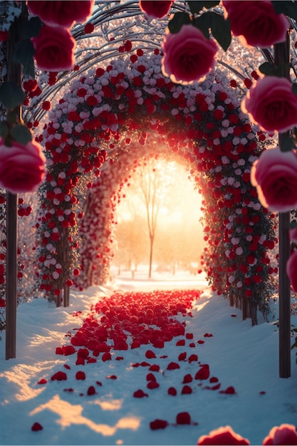 Tunnel rempli de beaucoup de roses rouges au sommet d'un sol couvert de neige ai générative